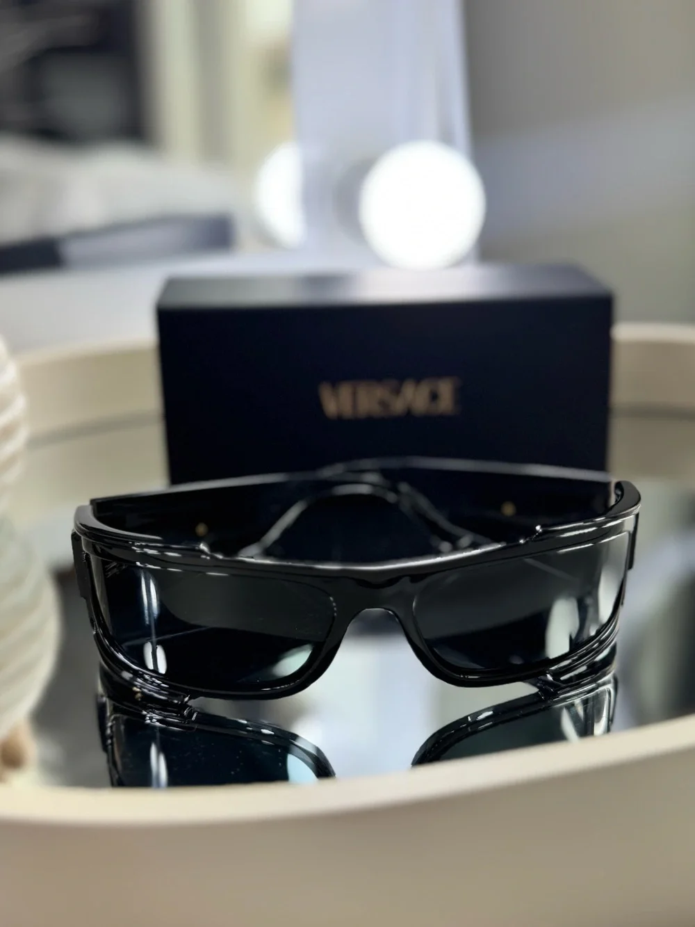 Versace Men's Black Shield Sunglasses with Glossy Frame